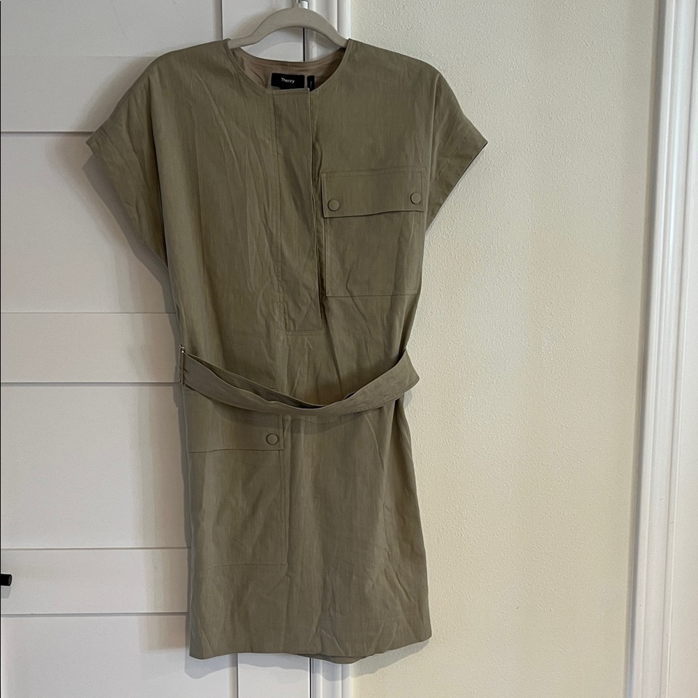 Theory Khaki Camel Short Sleeve Linen Button Down Belted Mini Dress Size 2 EUC